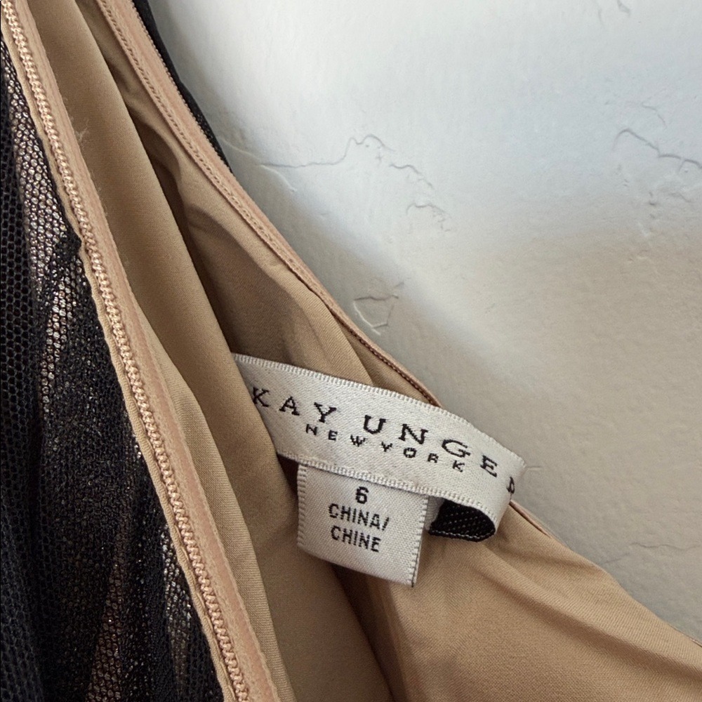 Kay Unger One Shoulder Tulle Midi Dress Black Gold Metallic Formal Cocktail Sz 6 - Picture 6 of 6